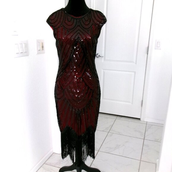 Like New Fundaisy Gatsby Flapper Red and Black Sequin Beaded Dress S Fringe - Picture 2 of 15